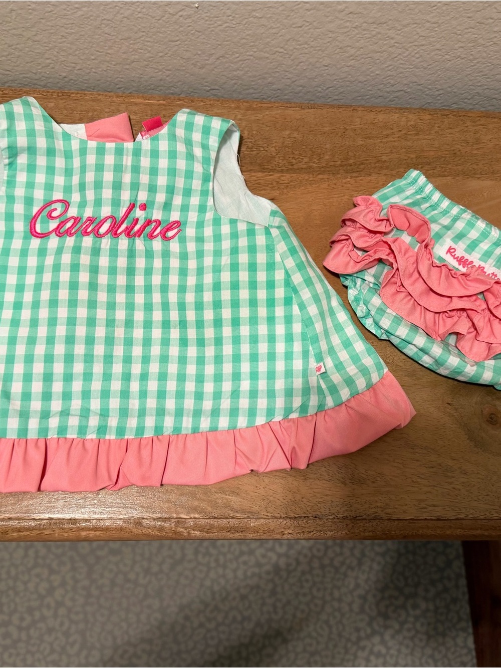 RuffleButts Mint Green Gingham Dress with Coral Pink Ruffles